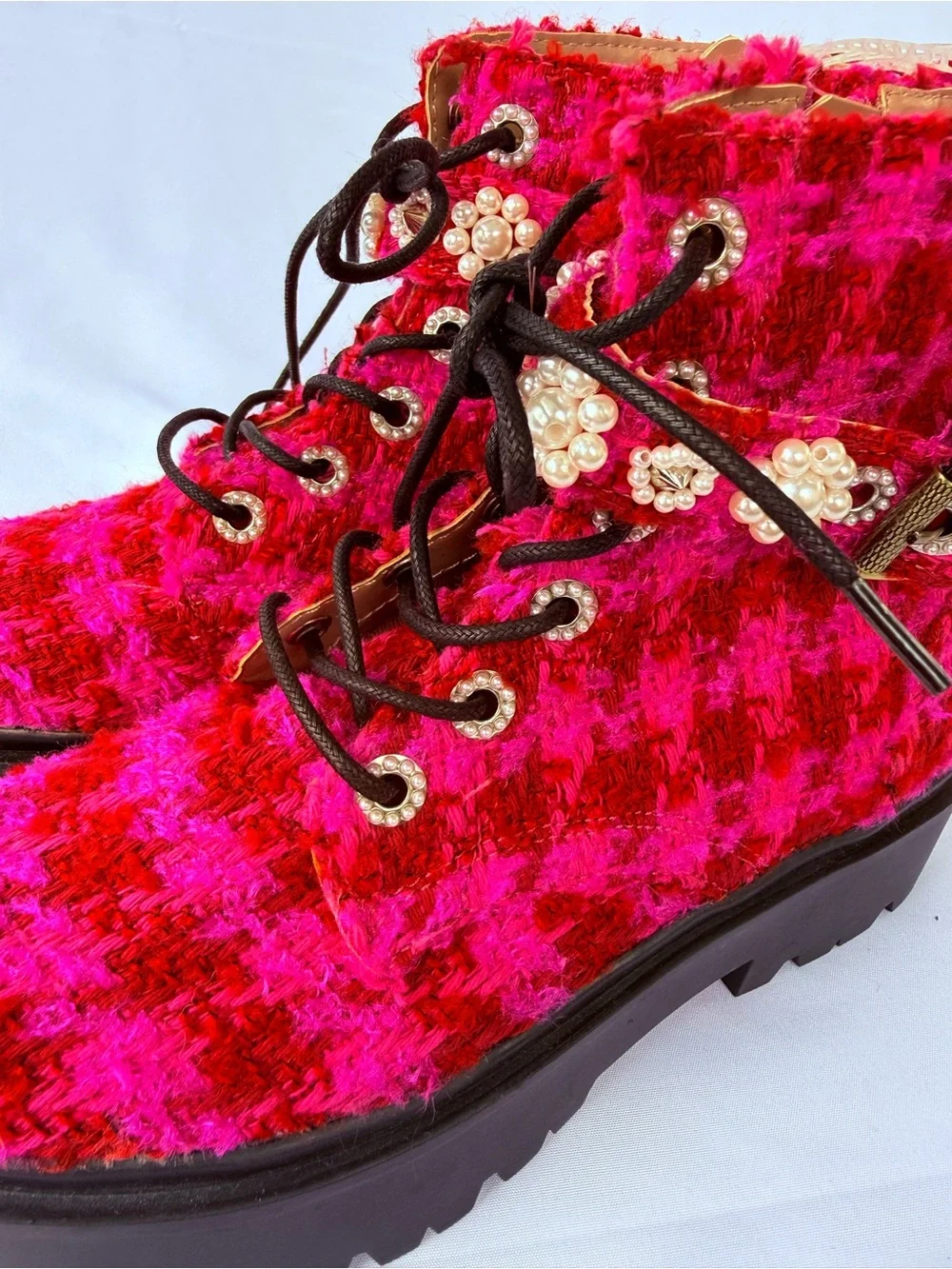 Betsey Johnson Pink Tweed Combat Boots Pearl Rhinestone Lug Sole